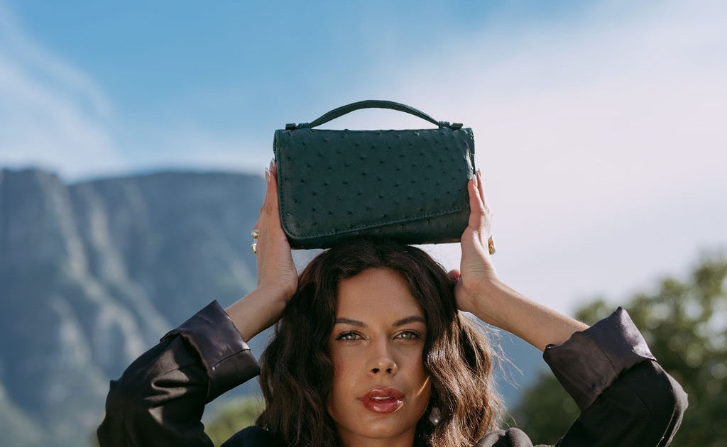 Ostrich Leather Flap Bag in Emerald Green, Bishopscourt campaign