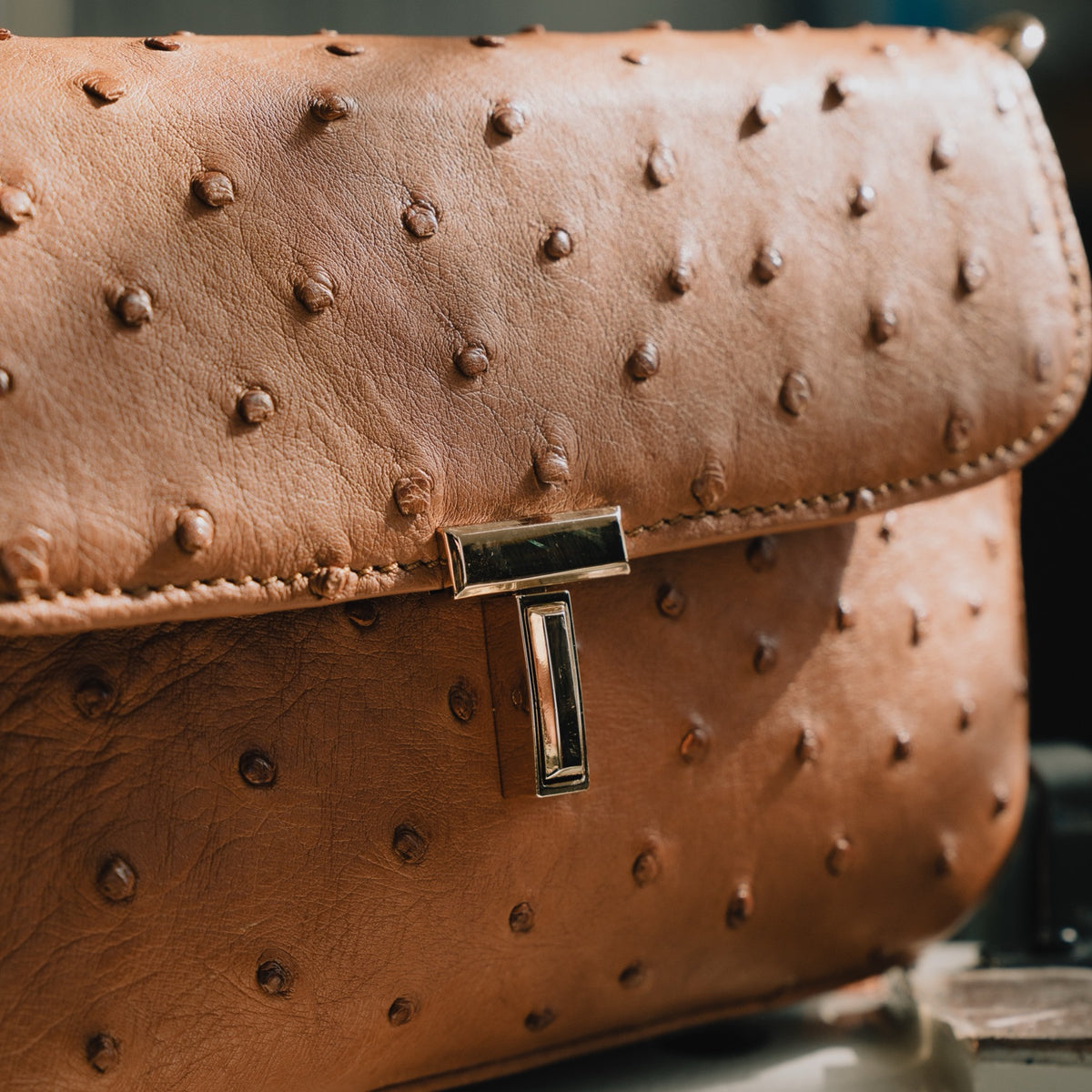Tan ostrich leather developing its patina, brass clasp detail